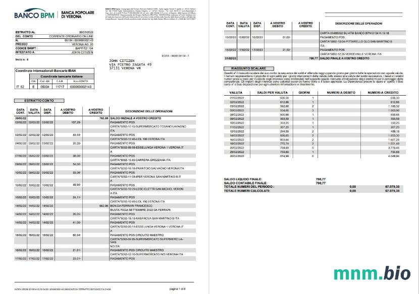 Włochy American Express Amex card statement 3 strony